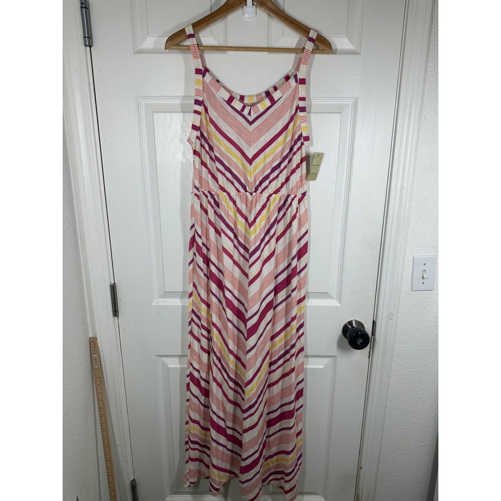 Sonoma Dress Womens L Pink Striped Maxi Sleeveless V-Neck Cotton Blend Chevron